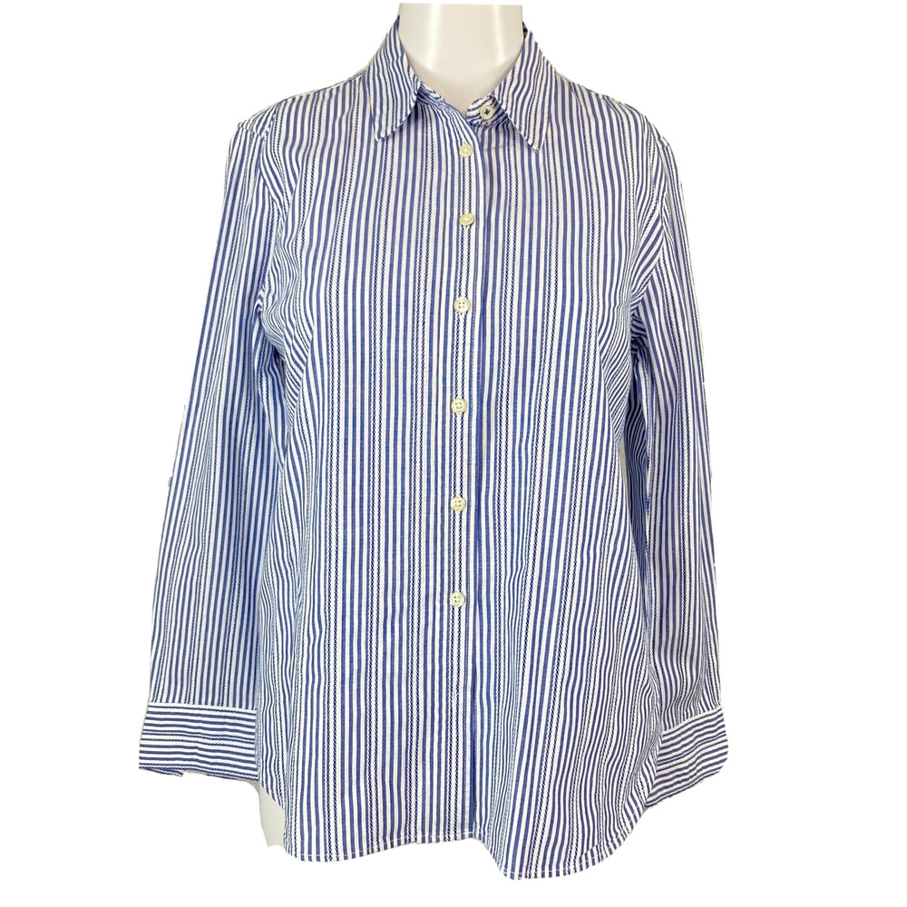 Talbots Shirt Womens Sz SP Petite Blue White Striped Cotton Button Up Collar